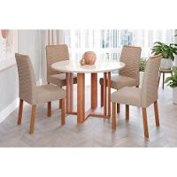 Sala de Jantar Completa Flora c/ Tampo Madeirado c/ Vidro 109cm e 4 Cadeiras Clarice Cinamomo/Off White - Nature-Madeirado/Linho Be - Cimol - 1