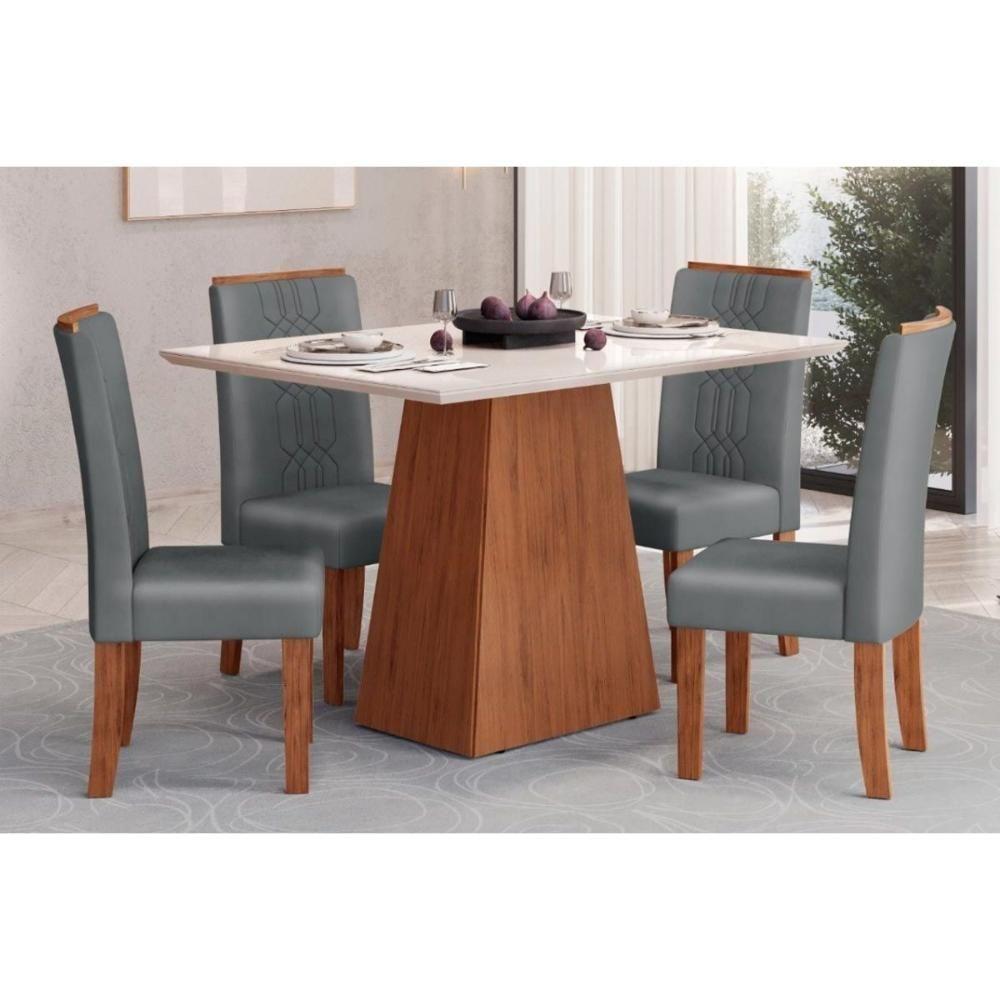 Sala de Jantar Completa Dulce Tampo Madeirado c/ Vidro Reto 180x90cm e 4 Cadeiras Zoe Freijo/Off White - Suede Lunar - DJ Móveis - 1