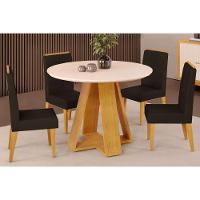 Sala de Jantar Completa Celeste Tampo Madeirado c/ Vidro Redondo 103x103cm e 4 Cadeiras Lia Cedro/Off White - Suede Moca - DJ Móveis - 1