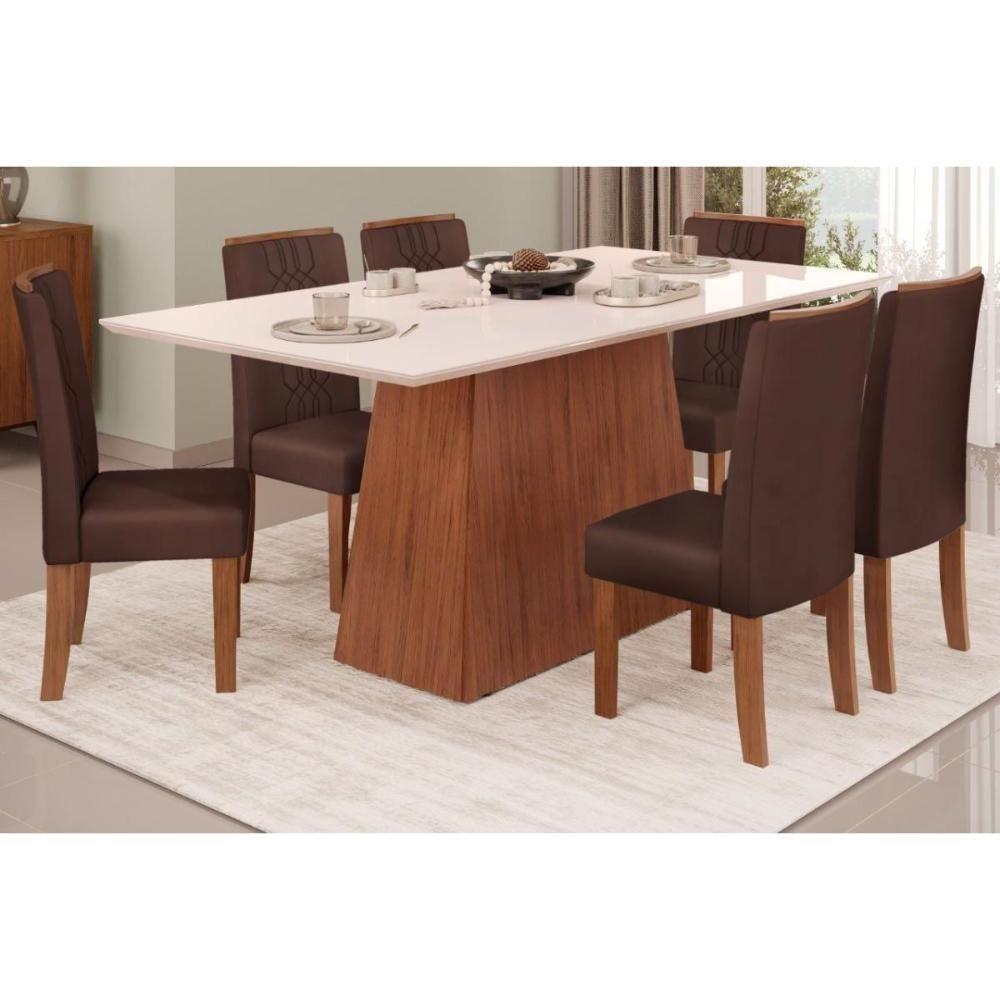 Sala de Jantar Completa Dulce Tampo Madeirado c/ Vidro Reto 180x90cm e 6 Cadeiras Zoe Freijo/Off White - Suede Moca - DJ Móveis - 1