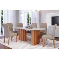 Sala de Jantar Completa Ester Tampo Madeirado Oval c/ Vidro 210x100cm e 6 Cadeiras Fernanda Cinamomo/Off White - Nature-Madeirado/Linho Be - Cimol - 1
