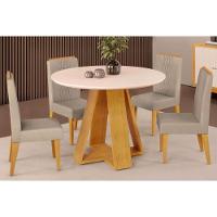 Sala de Jantar Completa Celeste Tampo Madeirado c/ Vidro Redondo 103x103cm e 4 Cadeiras Lia Cedro/Off White - Suede Kraft - DJ Móveis - 1