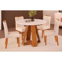 Sala de Jantar Completa Celeste Tampo Madeirado c/ Vidro Redondo 103x103cm e 4 Cadeiras Julia Freijo/Off White - Linho Neve - DJ Móveis - 1