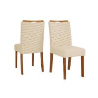 Sala de Jantar Completa Celeste Tampo Madeirado c/ Vidro Redondo 103x103cm e 4 Cadeiras Julia Freijo/Off White - Linho Neve - DJ Móveis