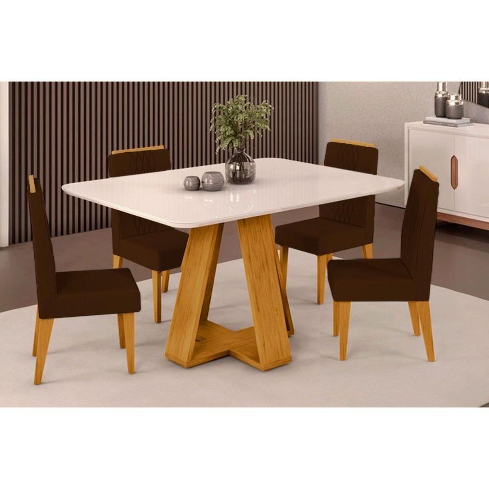 Sala de Jantar Completa Celeste Tampo Madeirado c/ Vidro Curvo 120x90cm e 4 Cadeiras Lia Cedro/Off White - Suede Moca - DJ Móveis - 1