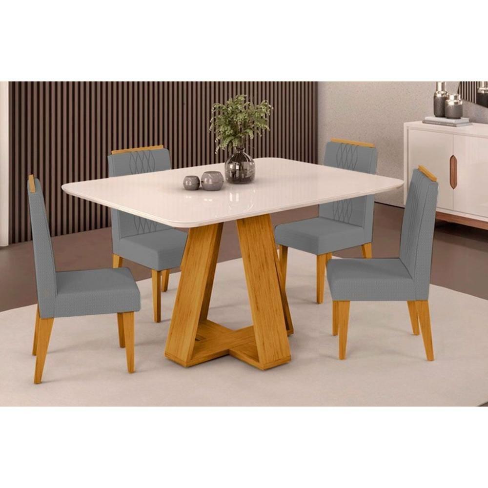 Sala de Jantar Completa Celeste Tampo Madeirado c/ Vidro Curvo 120x90cm e 4 Cadeiras Lia Cedro/Off White - Suede Lunar - DJ Móveis - 1
