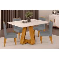 Sala de Jantar Completa Celeste Tampo Madeirado c/ Vidro Curvo 120x90cm e 4 Cadeiras Lia Cedro/Off White - Suede Lunar - DJ Móveis - 1