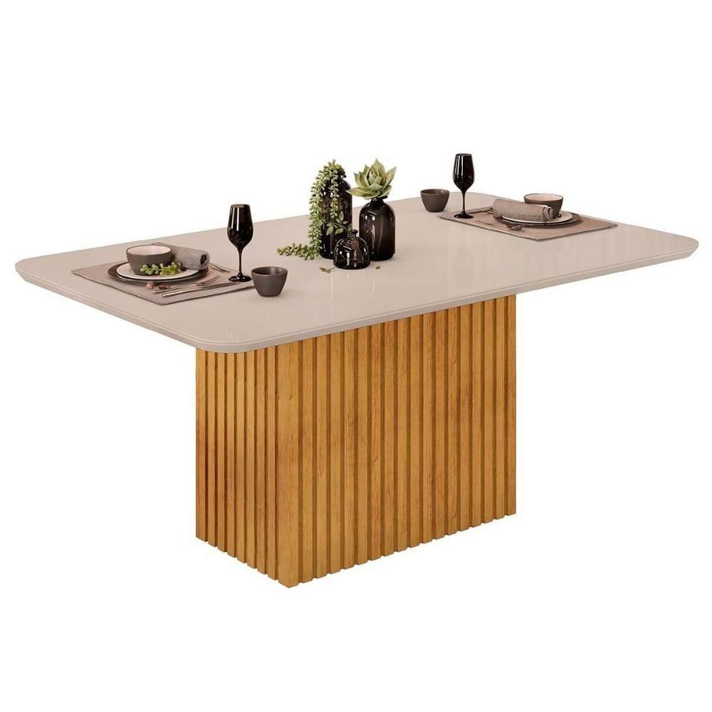 Sala de Jantar Completa Canes Tampo Madeirado c/ Vidro Curvo 170x90cm e 6 Cadeiras Vitória Cedro/Off White - Ipe/Linho Neve - DJ Móveis - 5