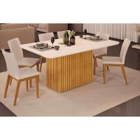 Sala de Jantar Completa Canes Tampo Madeirado c/ Vidro Curvo 170x90cm e 6 Cadeiras Vitória Cedro/Off White - Ipe/Linho Neve - DJ Móveis - 1