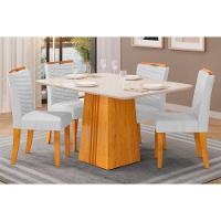 Sala de Jantar Completa Italia Tampo Madeirado c/ Vidro 120x90cm e 4 Cadeiras Julia Cedro/Off White - Linho Neve - DJ Móveis - 1