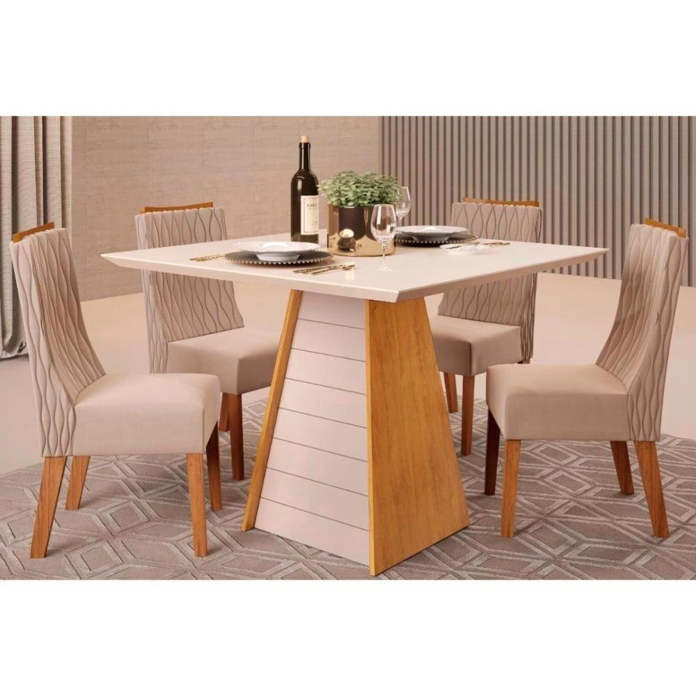 Sala de Jantar Completa Fler Tampo Madeirado c/ Vidro 90x90cm e 4 Cadeiras Jade Cedro/Off White - Suede Kraft - DJ Móveis - 1