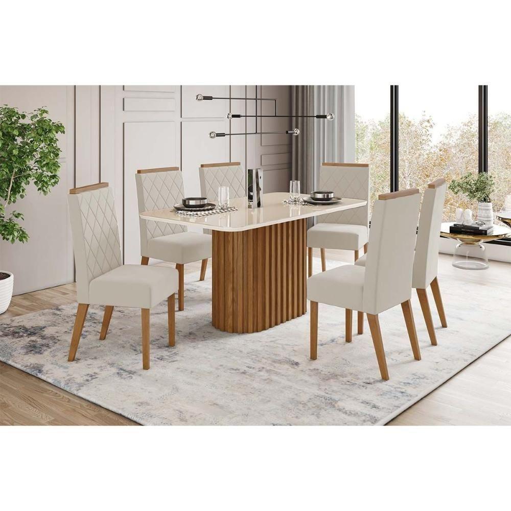 Sala de Jantar Completa Solana c/ Tampo Madeirado c/ Vidro Curvo 160x90cm e 6 Cadeiras Nina Nature/Veludo Light Linho - Henn - 1
