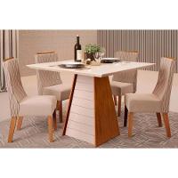 Sala de Jantar Completa Fler Tampo Madeirado c/ Vidro 90x90cm e 4 Cadeiras Jade Freijo/Off White - Suede Kraft - DJ Móveis - 1