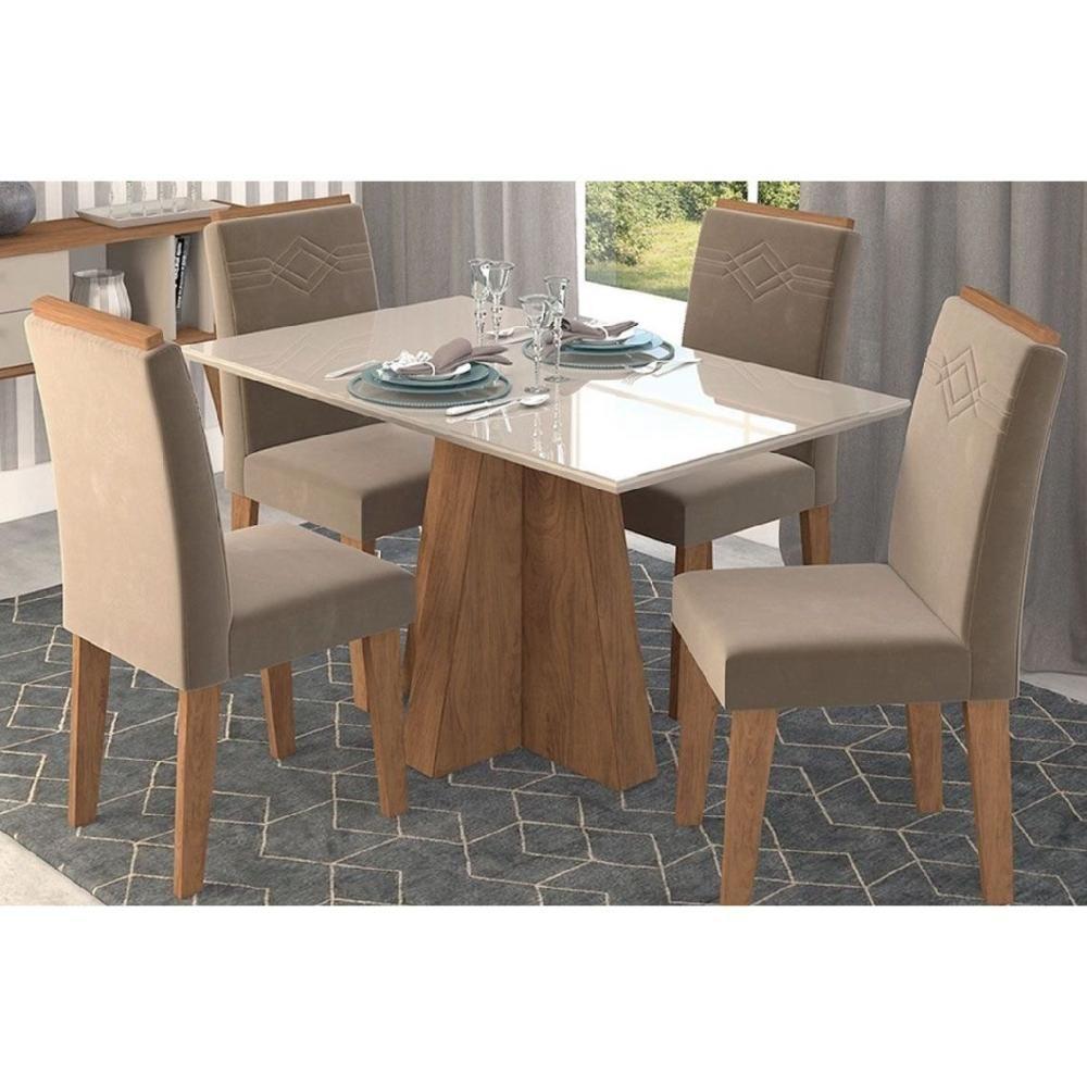 Sala de Jantar Completa Patricia c/ Tampo Madeirado c/ Vidro Canto Reto 130x80cm e 4 Cadeiras Tais Savana/Nature/Suede Capuccino - Cimol - 1