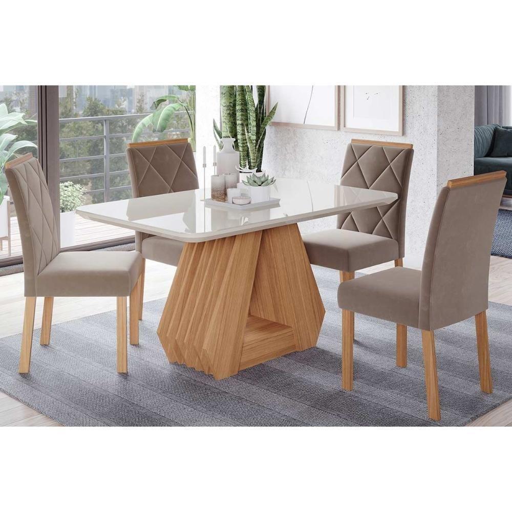 Sala de Jantar Completa Ágata Tampo Madeirado c/ Vidro 130x80cm e 4 Cadeiras Fernanda Madeirado/Suede Joli Capuccino - Cimol - 1