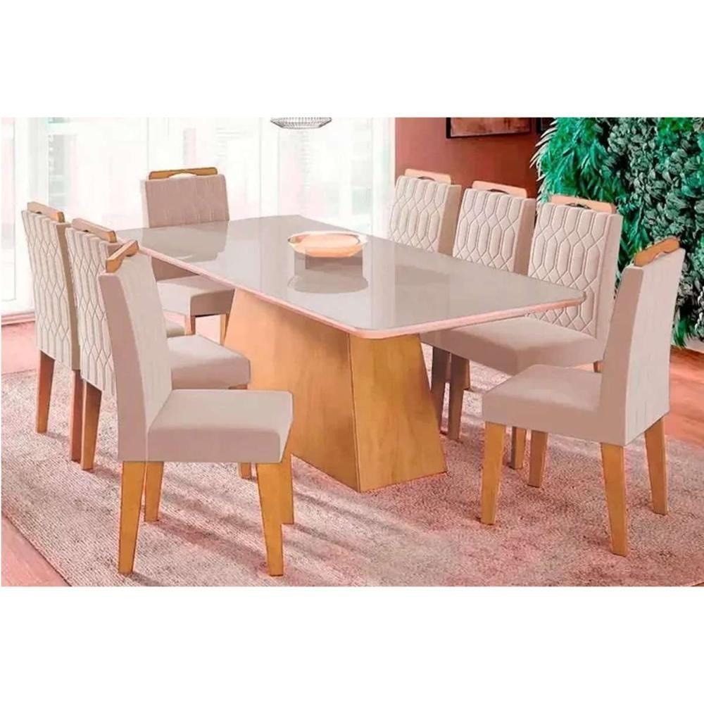 Sala de Jantar Completa Helena c/ Tampo Madeirado c/ Vidro 210x100cm e 6 Cadeiras Paola Nature-Madeirado/Suede Nude - Cimol - 1