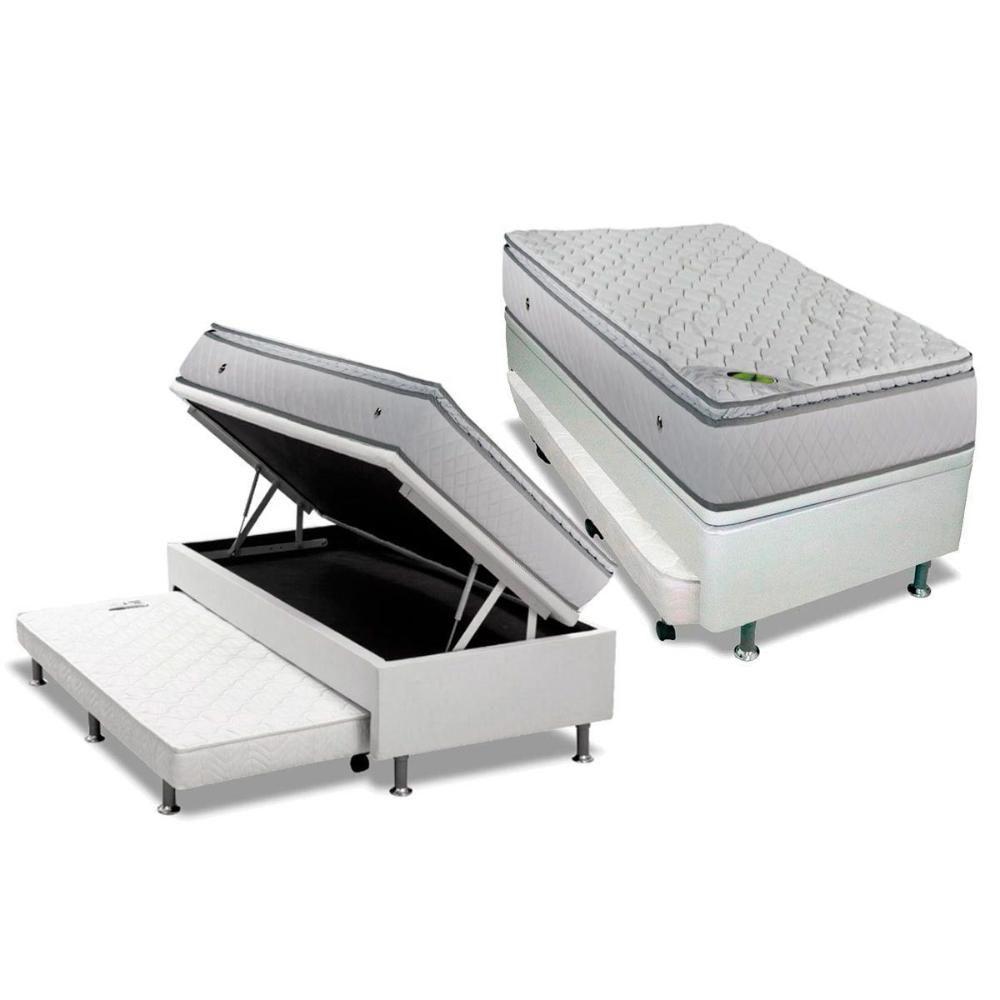 Cama Box Baú c/Auxiliar Solteiro: Colchão Molas Luckspuma MasterPocket Luck Spring + Box CRC Courano Branco(88x188) - 1