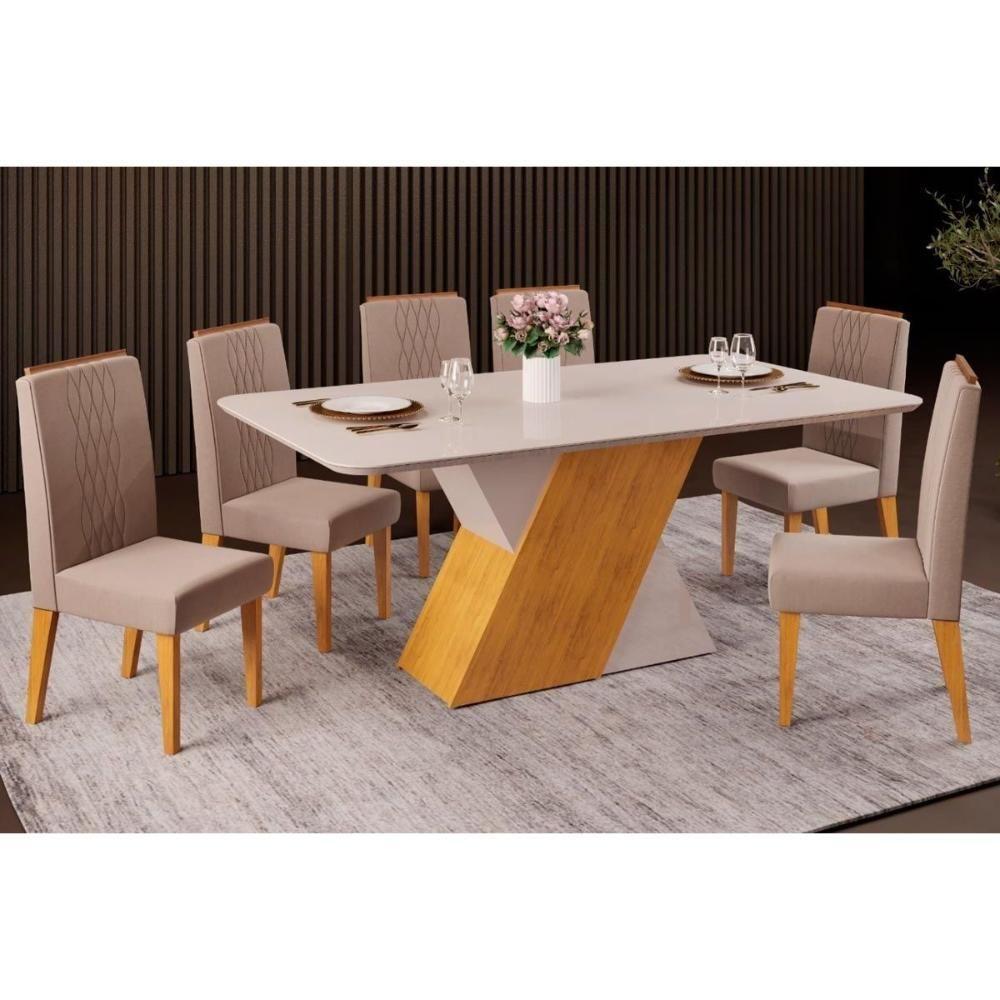 Sala de Jantar Completa Rubi Tampo Madeirado c/ Vidro Curvo 170x90cm e 6 Cadeiras Lia Cedro/Off White/Off White - Suede Kraft - DJ Móveis - 1