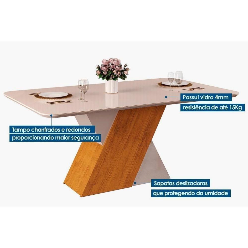 Sala de Jantar Completa Rubi Tampo Madeirado c/ Vidro Curvo 170x90cm e 6 Cadeiras Lia Cedro/Off White/Off White - Suede Kraft - DJ Móveis - 5