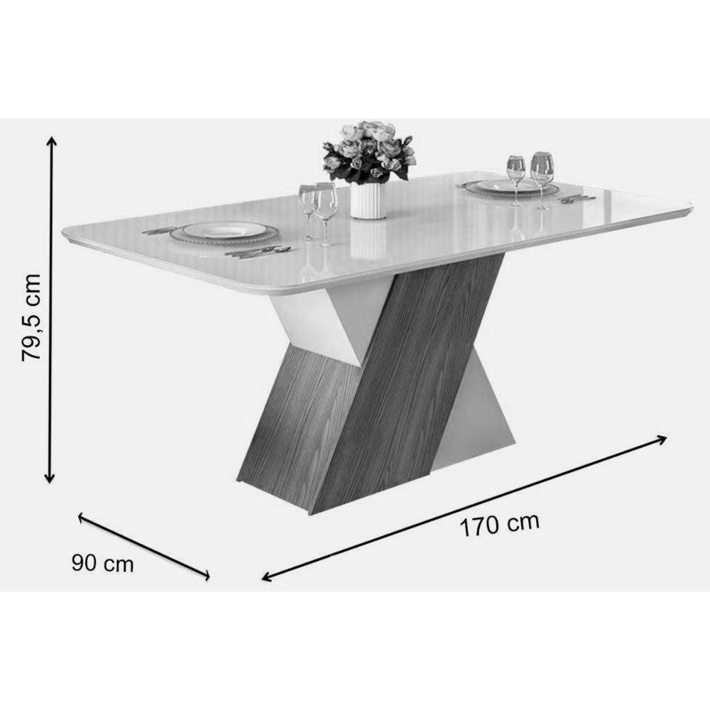 Sala de Jantar Completa Rubi Tampo Madeirado c/ Vidro Curvo 170x90cm e 6 Cadeiras Lia Cedro/Off White/Off White - Suede Kraft - DJ Móveis - 6