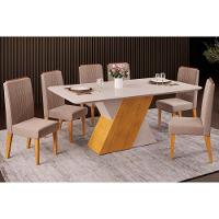 Sala de Jantar Completa Rubi Tampo Madeirado c/ Vidro Curvo 170x90cm e 6 Cadeiras Lia Cedro/Off White/Off White - Suede Kraft - DJ Móveis - 1