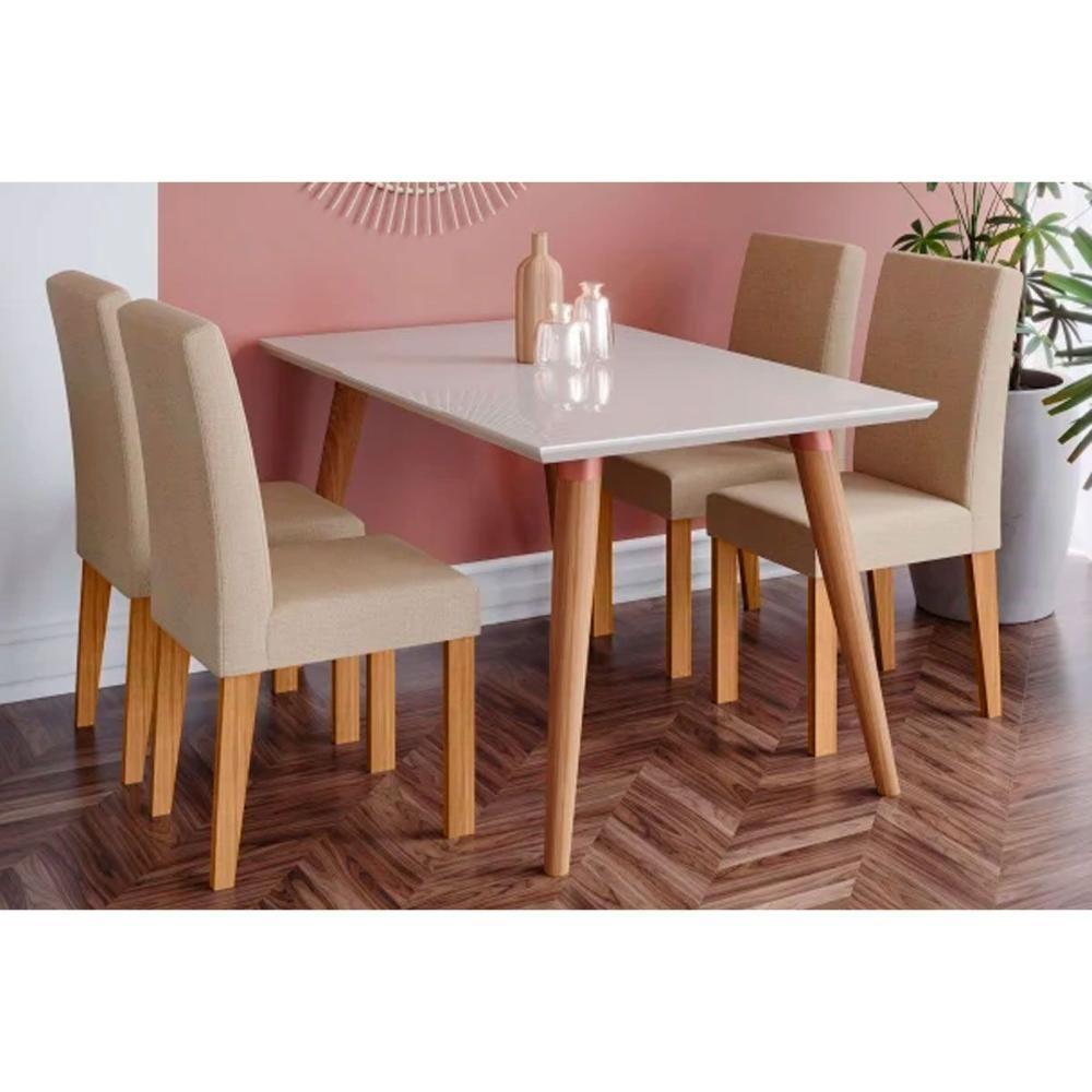 Sala de Jantar Completa Adele Madeira Maciça c/ Tampo Madeirado c/ Vidro 130x80cm e 4 Cadeiras Maia Cinamomo/Suede Gengibre Bege - Cimol - 1