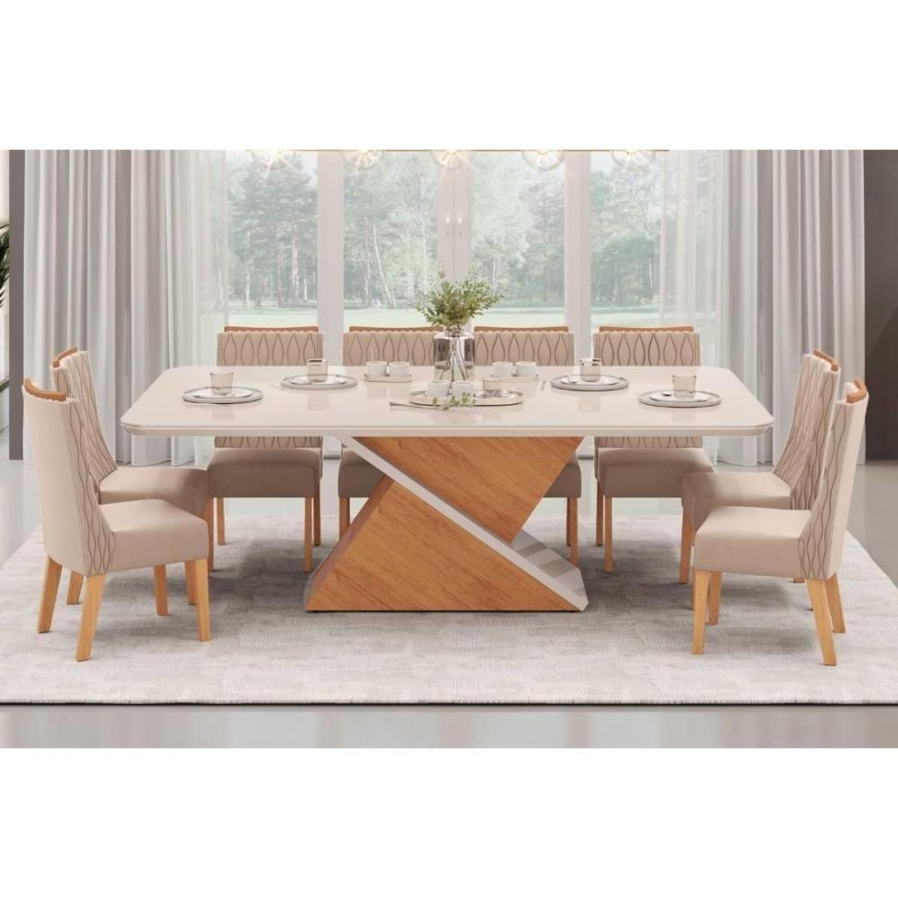 Sala de Jantar Completa Zafira Tampo Madeirado c/ Vidro Curvo 200x100cm e 8 Cadeiras Jade Off White - Freijo/Suede Kraft - DJ Móveis - 1