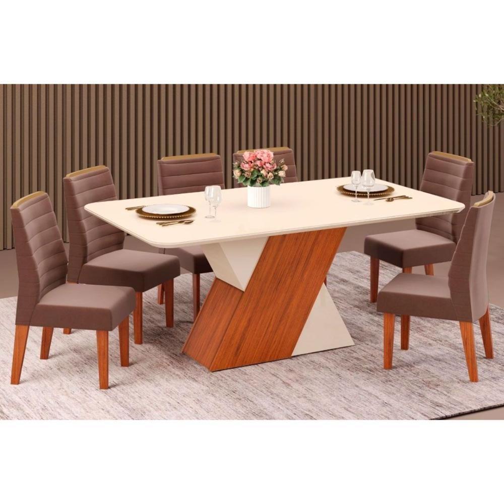 Sala de Jantar Completa Rubi c/ Tampo Madeirado c/ Vidro 170x90cm e 6 Cadeiras Ondina Freijo/Off White/Off White - Suede Moca - DJ Móveis - 1