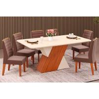 Sala de Jantar Completa Rubi c/ Tampo Madeirado c/ Vidro 170x90cm e 6 Cadeiras Ondina Freijo/Off White/Off White - Suede Moca - DJ Móveis - 1