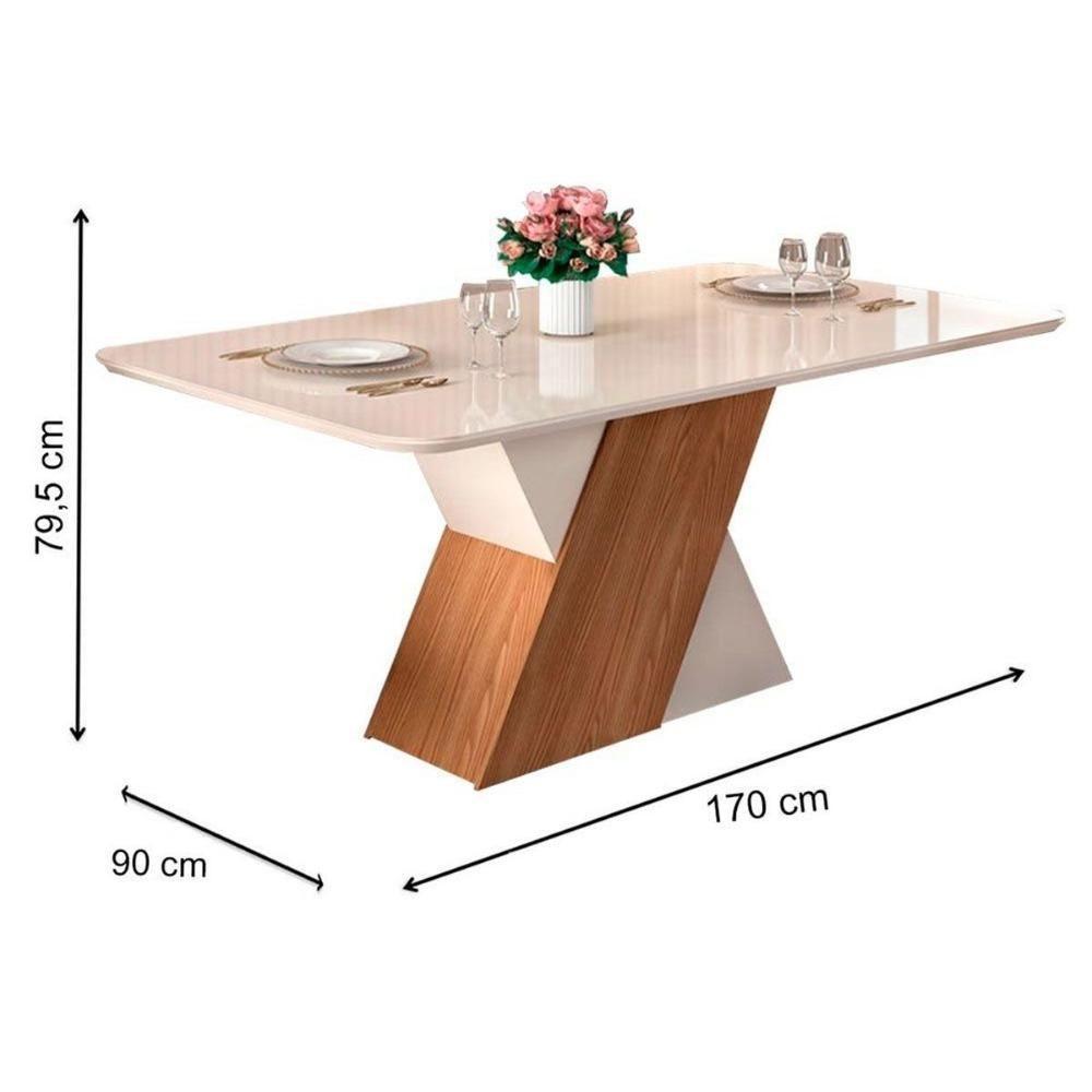 Sala de Jantar Completa Rubi Tampo Madeirado c/ Vidro Curvo 170x90cm e 6 Cadeiras Jade Cedro/Off White/Off White - Suede Moca - DJ Móveis - 3