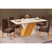 Sala de Jantar Completa Rubi Tampo Madeirado c/ Vidro Curvo 170x90cm e 6 Cadeiras Jade Cedro/Off White/Off White - Suede Moca - DJ Móveis - 1