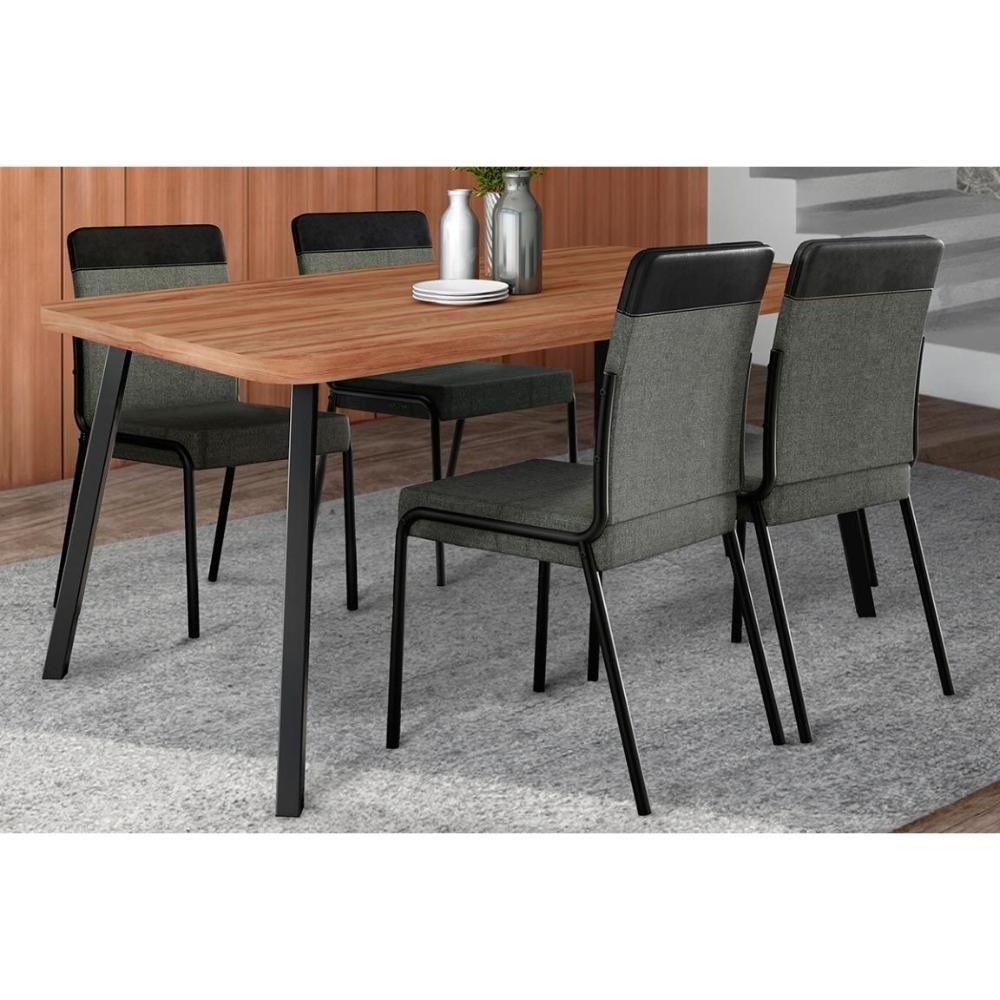 Sala de Jantar Completa Stellar 1597 Aço c/ Tampo Madeirado 160x90cm e 4 Cadeiras Duo Preto/Nogal - Preto/Grafite - Preto - Carraro - 1