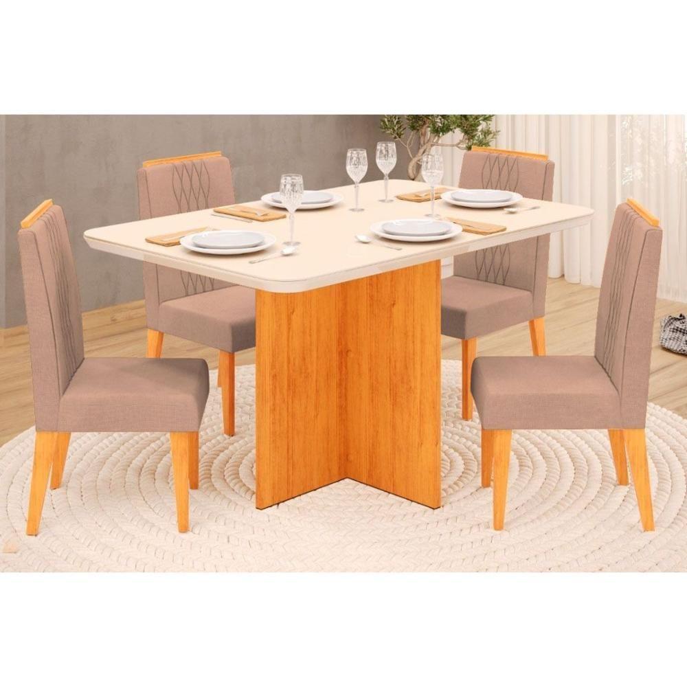 Sala de Jantar Completa Hera Tampo Madeirado c/ Vidro Reto 120x90cm e 4 Cadeiras Lia Cedro/Off White - Suede Kraft - DJ Móveis - 1