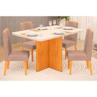 Sala de Jantar Completa Hera Tampo Madeirado c/ Vidro Reto 120x90cm e 4 Cadeiras Lia Cedro/Off White - Suede Kraft - DJ Móveis - 1