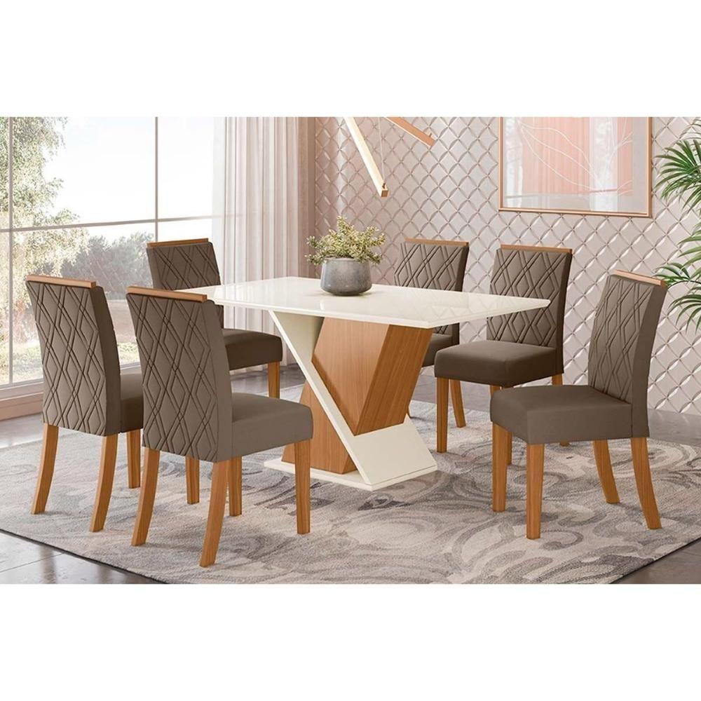 Sala de Jantar Completa Solus Tampo Madeirado c/ Vidro Canto Reto 160x90cm e 6 Cadeiras Vita Nature/Veludo Light Bege Vanilla - Henn - 1
