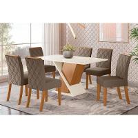 Sala de Jantar Completa Solus Tampo Madeirado c/ Vidro Canto Reto 160x90cm e 6 Cadeiras Vita Nature/Veludo Light Bege Vanilla - Henn - 1