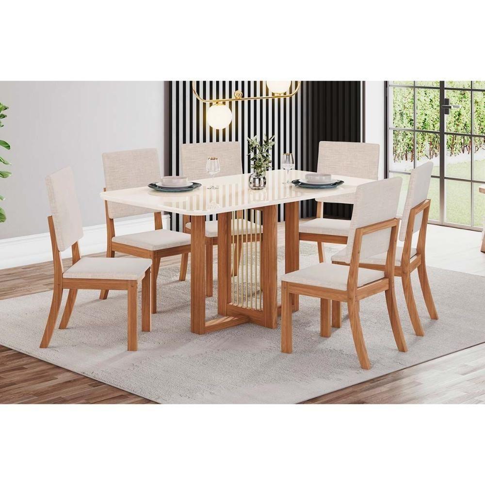 Sala de Jantar Completa Natalí c/ Tampo Madeirado c/ Vidro Curvo 160x80cm e 6 Cadeiras Milla Nature/Suede Light Linho - Henn - 1