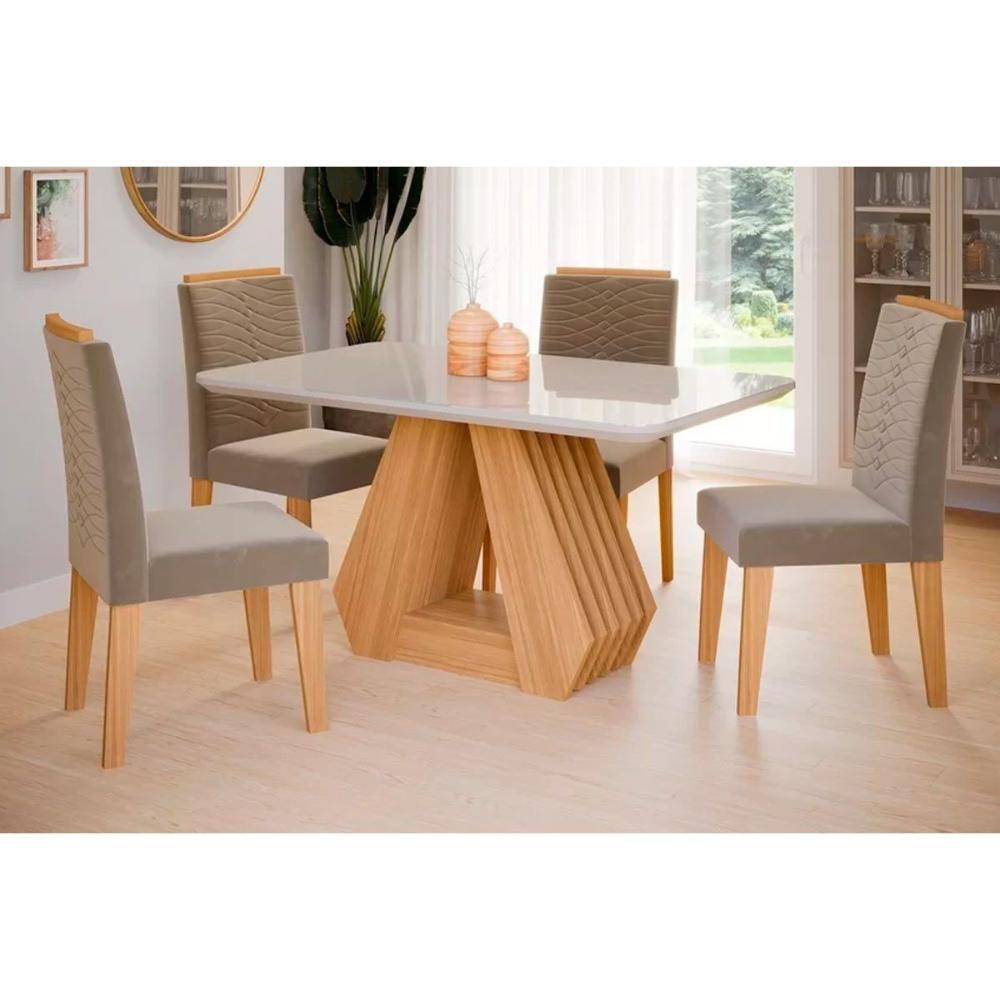 Sala de Jantar Completa Ágata c/ Tampo Madeirado c/ Vidro 130x80cm e 4 Cadeiras Clarice Savana/Nature/Suede Capuccino - Cimol - 1