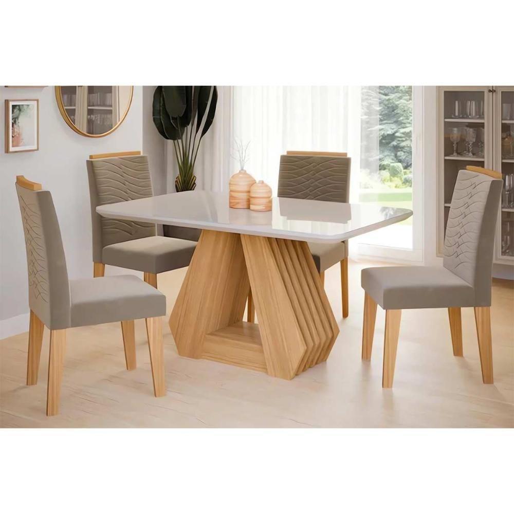 Sala de Jantar Completa Ágata Tampo Madeirado c/ Vidro 130x80cm e 4 Cadeiras Clarice Savana-Madeirado/Suede Joli Capuccino - Cimol - 1