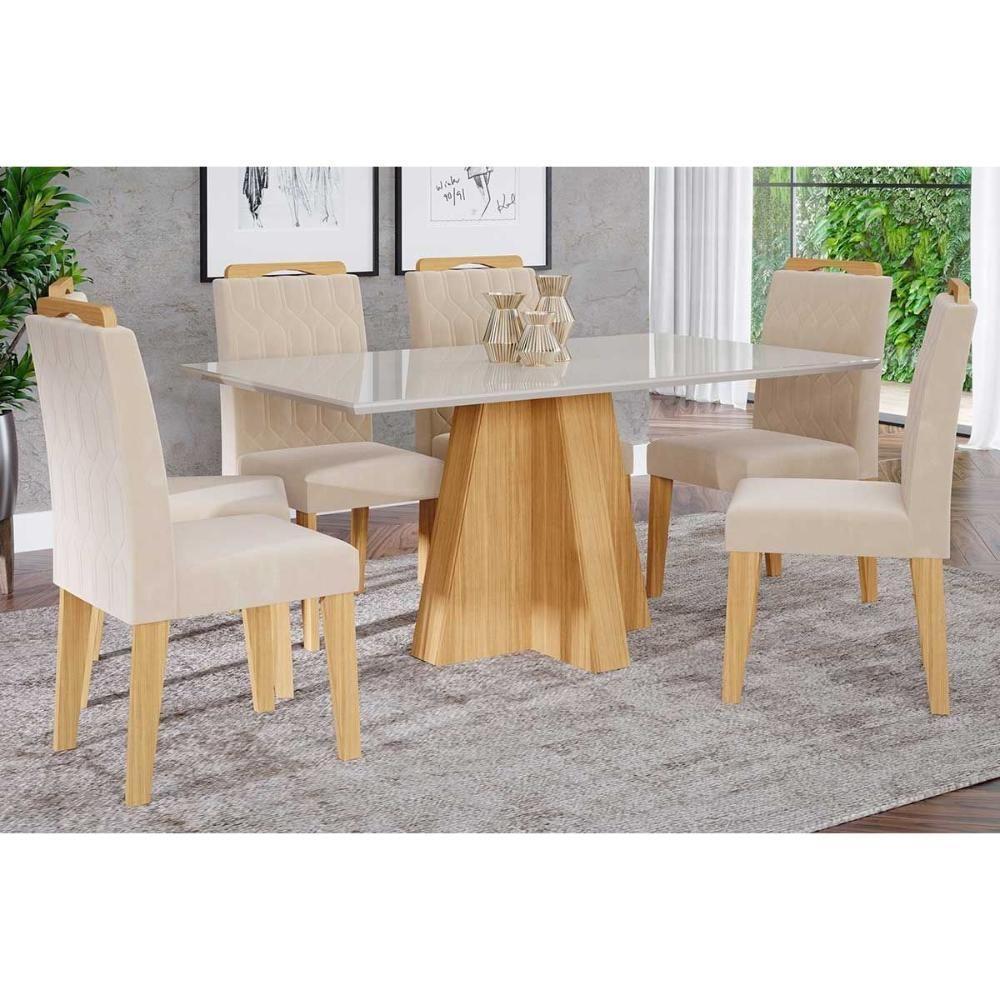 Sala de Jantar Completa Patricia c/ Tampo Madeirado c/ Vidro Canto Reto 160x80cm e 6 Cadeiras Paola Nature-Madeirado/Suede Nude - Cimol - 1