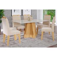 Sala de Jantar Completa Patricia c/ Tampo Madeirado c/ Vidro Canto Reto 160x80cm e 6 Cadeiras Paola Nature-Madeirado/Suede Nude - Cimol - 1