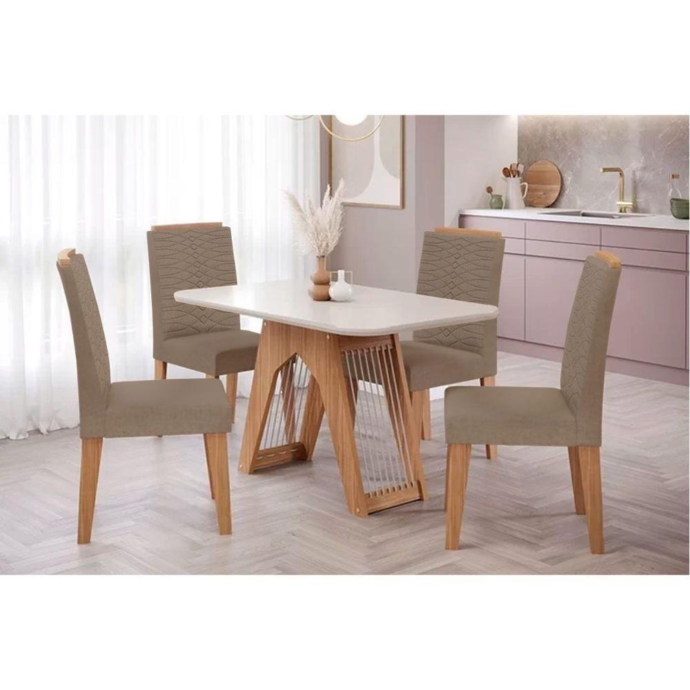 Sala de Jantar Completa Carol Tampo Madeirado c/ Vidro 130x80cm e 4 Cadeiras Clarice Savana-Madeirado/Suede Joli Capuccino - Cimol - 1