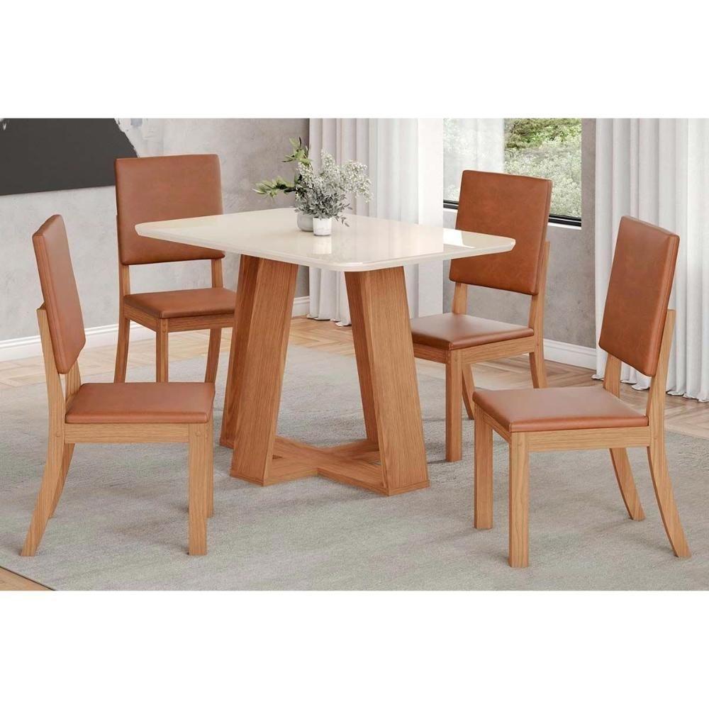 Sala de Jantar Completa Lins c/ Tampo Madeirado c/ Vidro Curvo 120x80cm e 4 Cadeiras Milla Plus Nature/Courano/Caramelo - Henn - 1