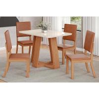 Sala de Jantar Completa Lins c/ Tampo Madeirado c/ Vidro Curvo 120x80cm e 4 Cadeiras Milla Plus Nature/Courano/Caramelo - Henn - 1