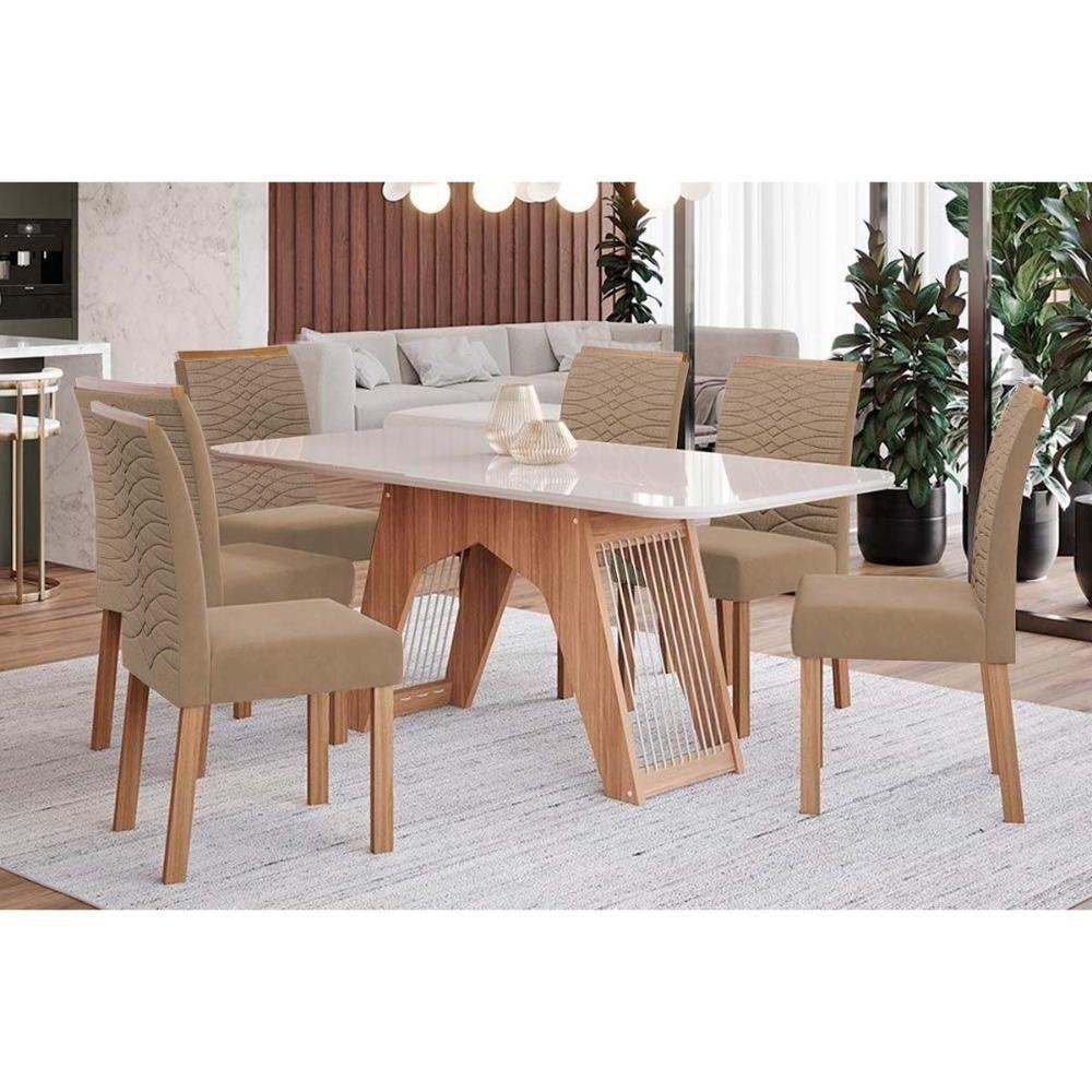Sala de Jantar Completa Carol Tampo Madeirado c/ Vidro 180x90cm e 6 Cadeiras Clarice Savana-Madeirado/Suede Joli Capuccino - Cimol - 1
