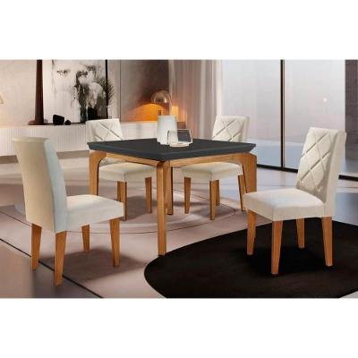Sala de Jantar Completa Londrina Tampo Madeirado c/ Vidro Curvo 120x80 e 4 Cadeiras Melissa Imbuia - Veludo Creme - Rufato
