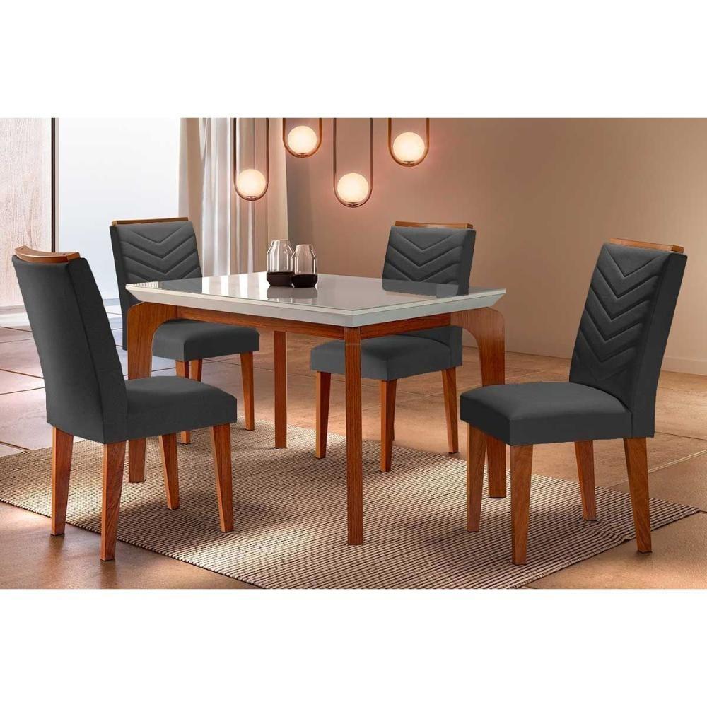 Sala De Jantar Completa Londrina Tampo Madeirado C- Vidro Curvo 120x80cm E 4 Cadeiras Londrina Imbuia-off White - Linho Grafite - Rufato - 1