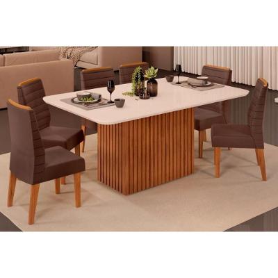 Sala de Jantar Completa Canes Tampo Madeirado c/ Vidro Curvo 170x90cm e 6 Cadeiras Ondina Freijo/Off White - Suede Moca - DJ Móveis