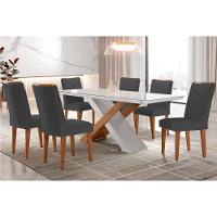 Sala de Jantar Completa Imperatriz Tampo Madeirado c/ Vidro Canto Curvo 180x90 e 6 Cadeiras Londrina Imbuia/Off White - Suede Grafite - Rufato - 1