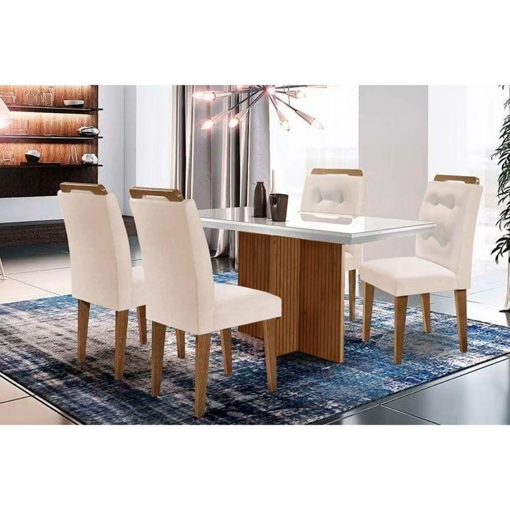 Sala de Jantar Completa Berlim c/ Tampo Madeirado Vidro Canto Curvo 120x80cm e 4 Cadeiras Imperatriz Imbuia/Off White - Suede Creme - Rufato - 1